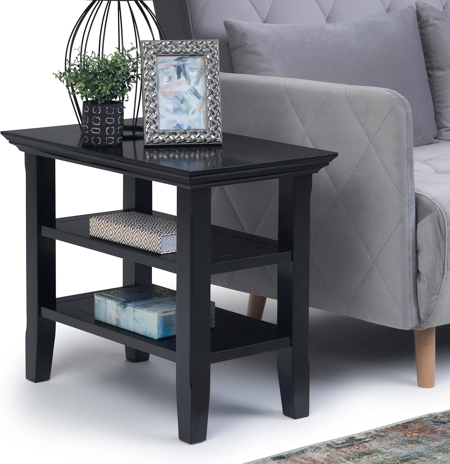 SIMPLIHOME Acadian Narrow Side Table - 14 inch Wide Solid Wood Rectangular End Table with 2 Open Shelves in Black, Transitional Lamp Stand or Nightstand for Living Room or Bedroom with Storage