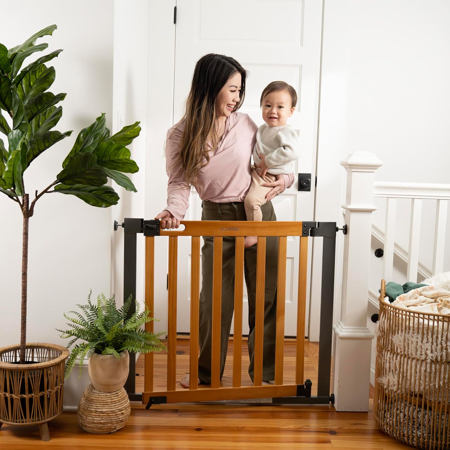 Summer Infant West End Extra Wide Safety Pet and Baby Gate, 36'-60' Wide, 30' Tall, Pressure or Hardware Mounted, Install Wall to Wall in Doorway, Auto Close Walk-Thru Door - Oak Wood and Metal