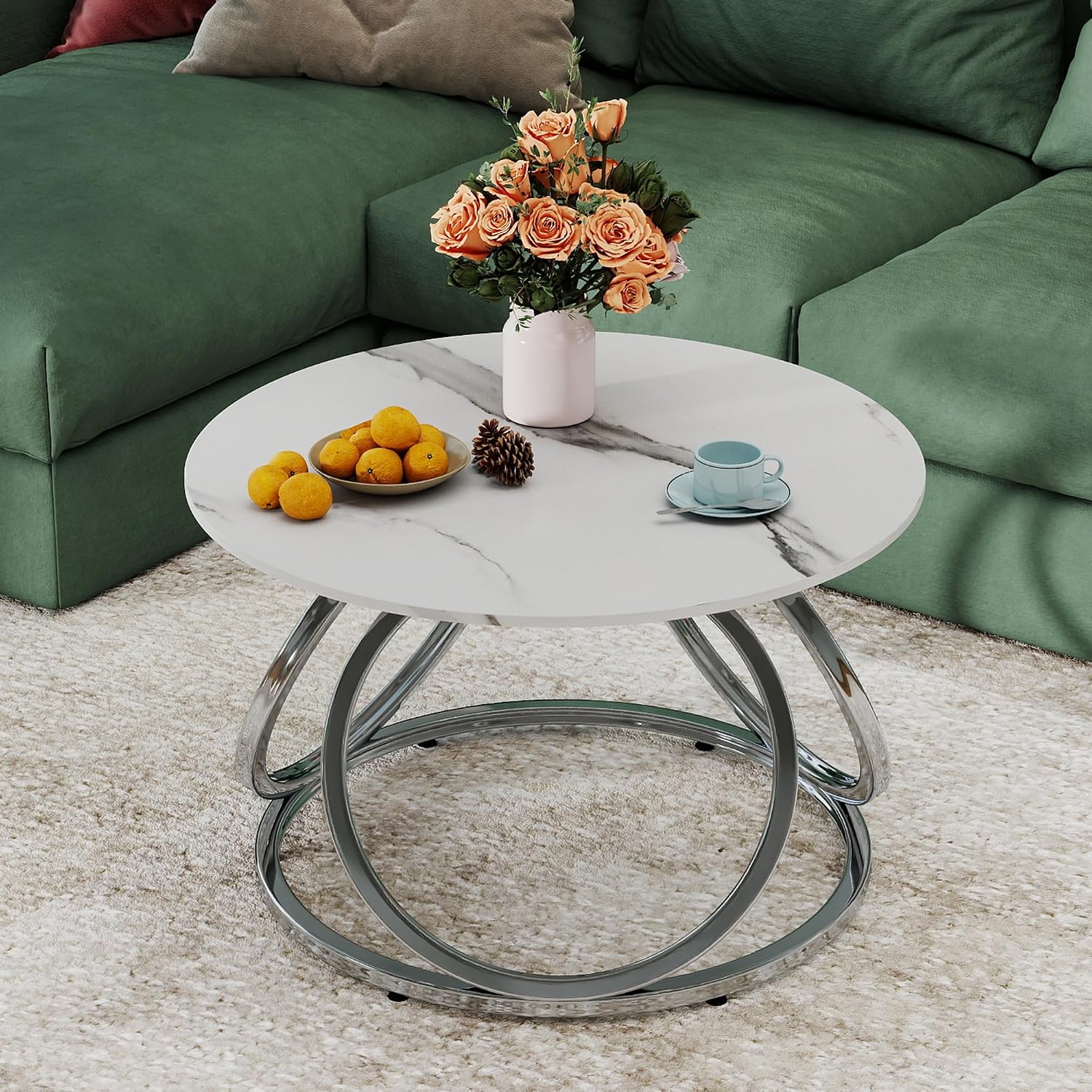 O&K FURNITURE Silver Coffee Table, Round Coffee Table Faux Marble Veins, Modern Center Table with Chrome Finish, for Living Room, Home Office, 1 PC