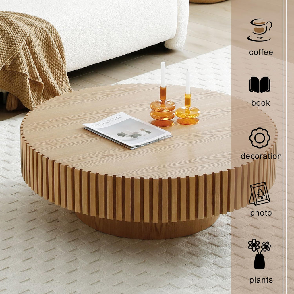 31.49' Round Fluted Coffee Table for Living Room, Mid Century Modern Drum Coffee Table with Sturdy Pedestal, Circle Center Table Accent Tea Table for Apartment ASH