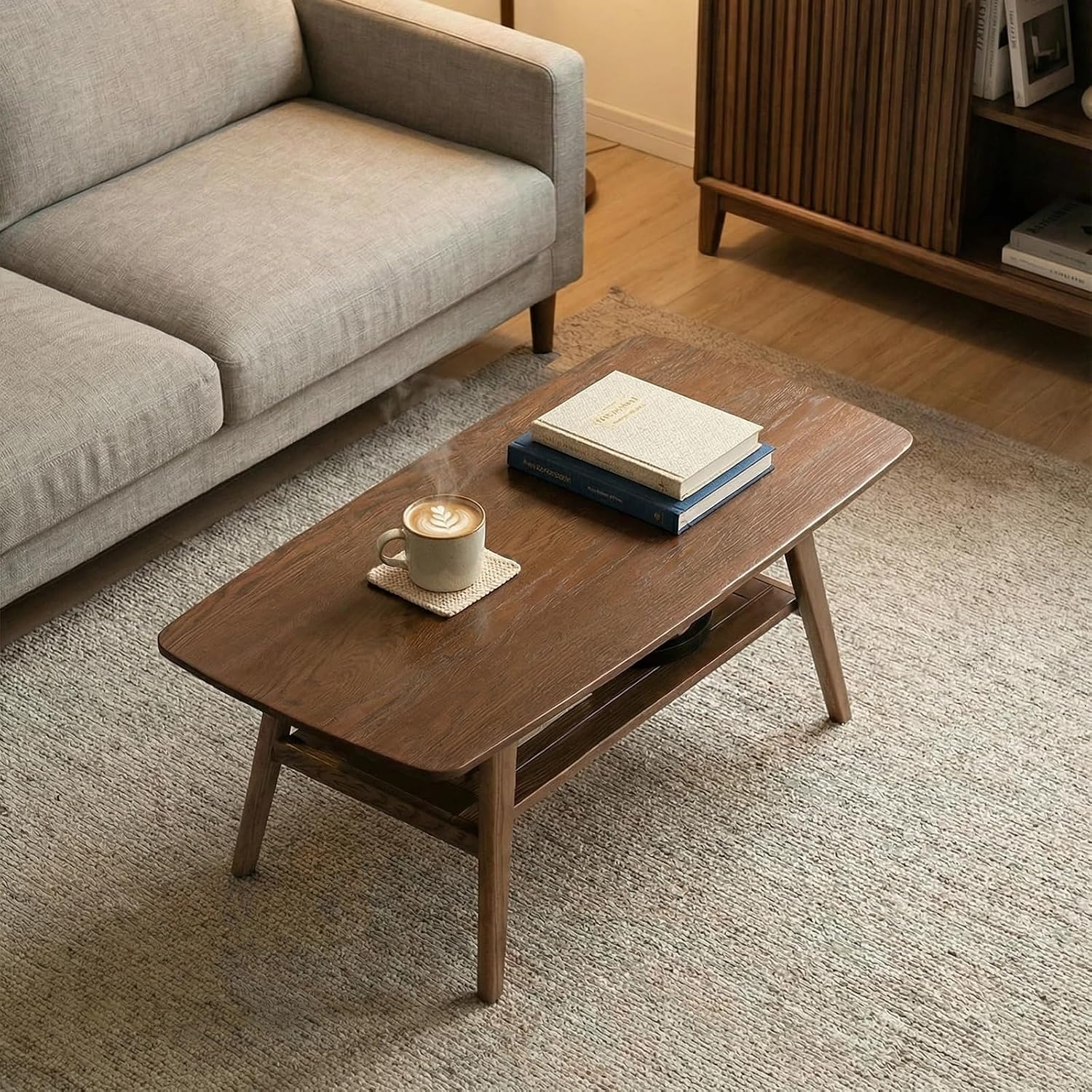 Mid Century Modern Coffee Table: 100% Solid Wood Coffee Table - 2-Tier Storage Design - Practical Coffee Tables for Living Room, Apartment, Easy Assembly (Walnut, 39.37')