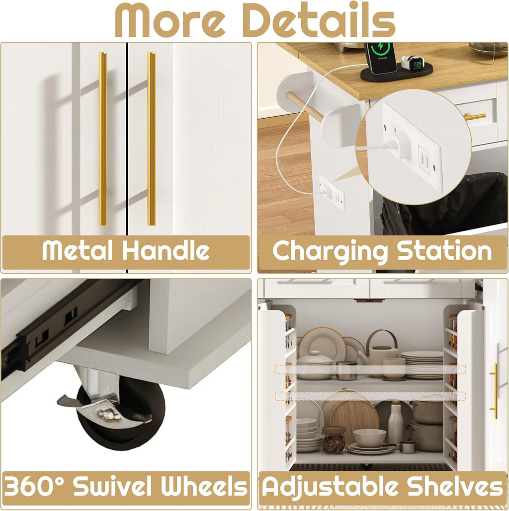 St.Mandyu 69' Large Kitchen Island on Wheels, Kitchen Rolling Island Cart with Trash Storage Cabinet, Power Outlet, 3-Tier Pull-Out Storage Trays, Drop Leaf, Mobile Island Table for Kitchen, White