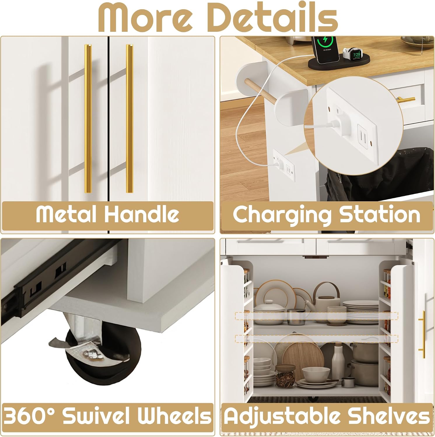 St.Mandyu 69' Large Kitchen Island on Wheels, Kitchen Rolling Island Cart with Trash Storage Cabinet, Power Outlet, 3-Tier Pull-Out Storage Trays, Drop Leaf, Mobile Island Table for Kitchen, White