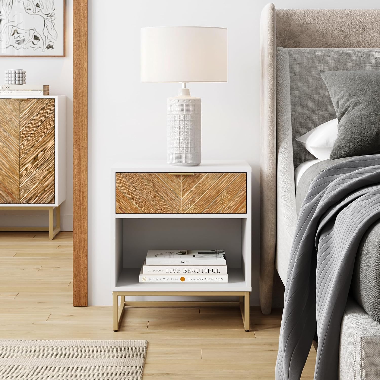 Nathan James Kensi Nightstand Side Accent or End Table with Storage, White/Gold - Set of 2