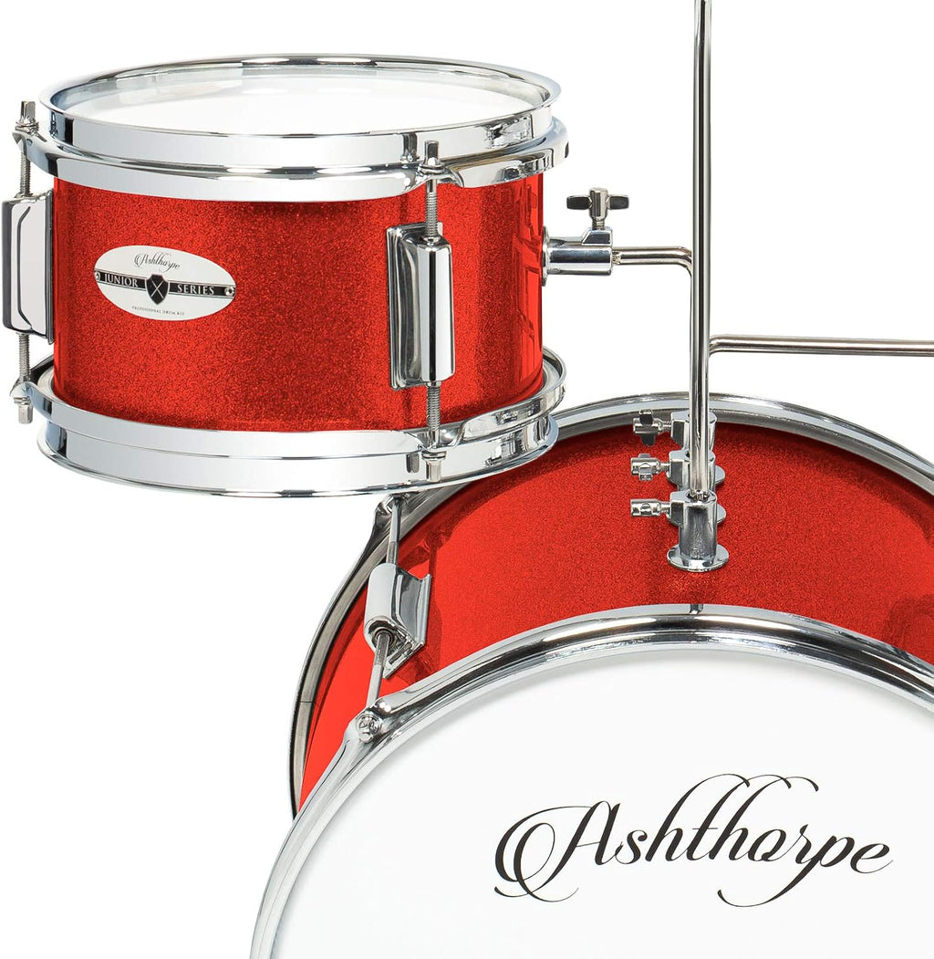 Ashthorpe 3-Piece Complete Kids Drum Set - Beginner Kit with 14' Bass, Adjustable Throne, Cymbal, Pedal & Drumsticks - Red