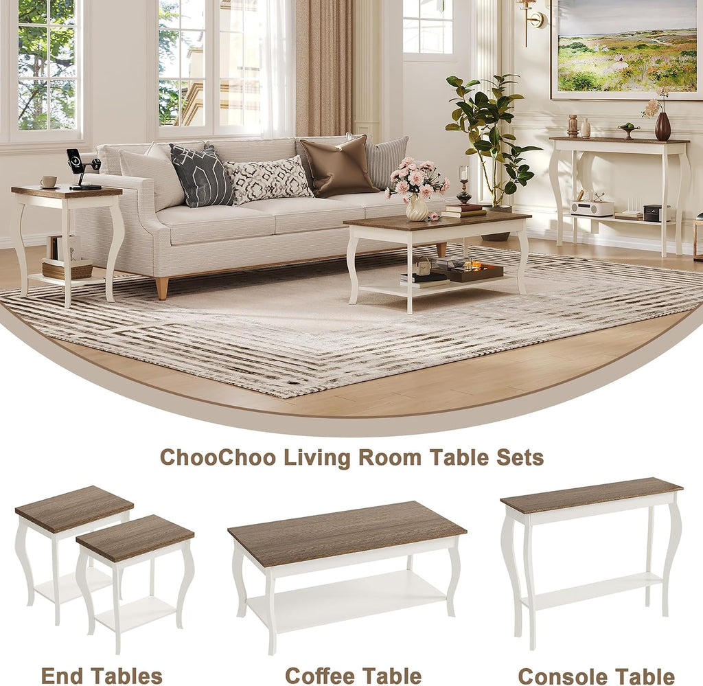 ChooChoo Coffee Table, Rustic Center Table with Curved Legs and Storage Shelf, 39' Coffee Table for Living Room, Soft White