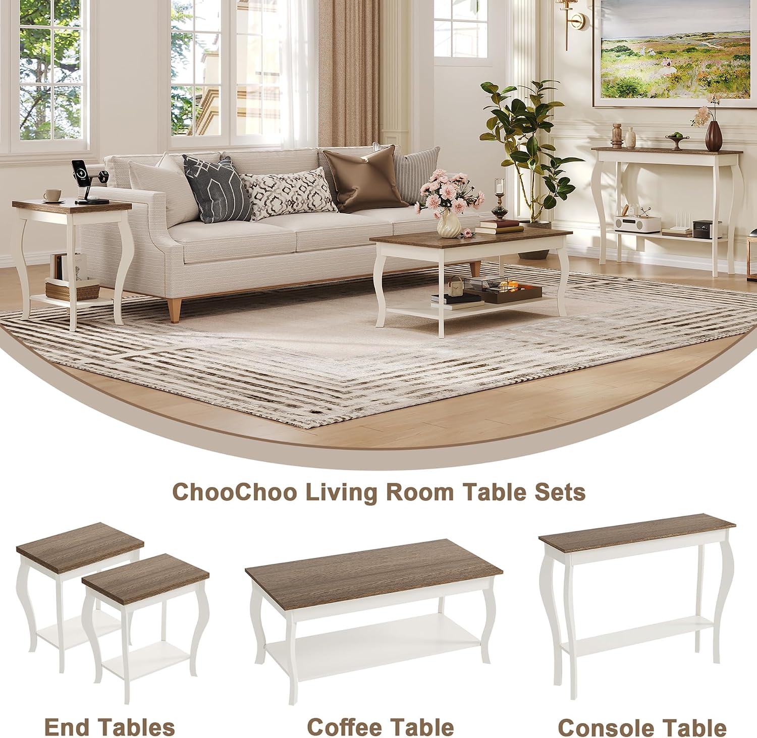 ChooChoo Coffee Table, Rustic Center Table with Curved Legs and Storage Shelf, 39' Coffee Table for Living Room, Soft White