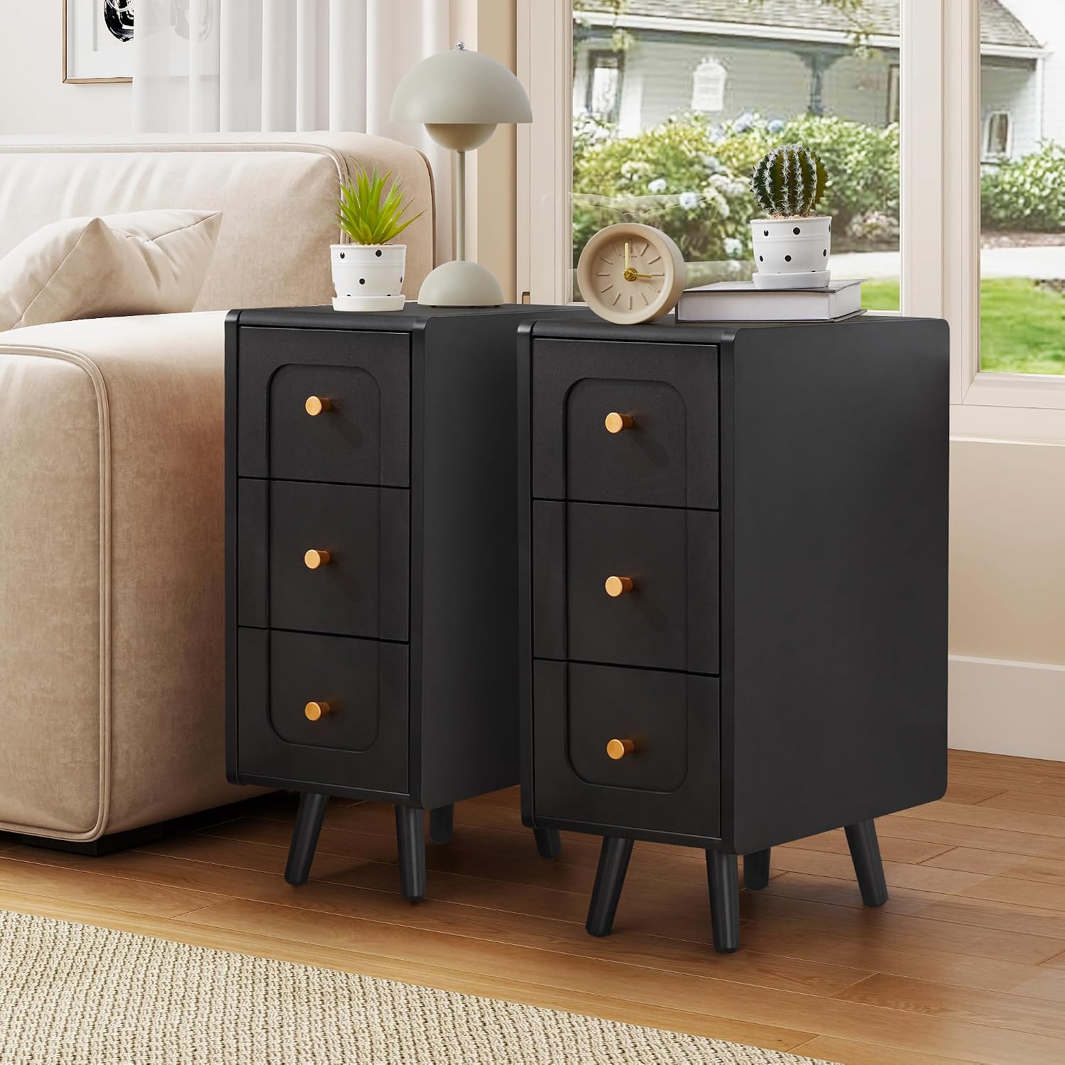 Small Nightstand Set of 2, Narrow Nightstand Slim Couch Side Table with Drawers, Wood End Tables with Storage for Living Room, Bedroom, Small Spaces (3Drawers-Black-2PCS)