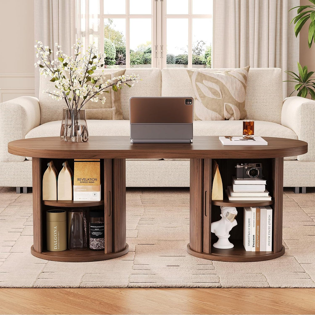 ONBRILL 47' Fluted Coffee Table, Oval Coffee Table with 2 Storage Legs, Mid-Century Modern Center Tables with Sliding Doors, Coffee Tables for Living Room, Walnut