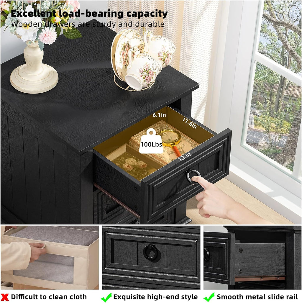 Joaxswe 18' Farmhouse Night Stand with 3 Drawers, Wood End Table Dresser for Bedroom, Black Nightstand, Bed Side Table with Metal Handle, Bedside Cabinet for Bedroom Living Room, Closet