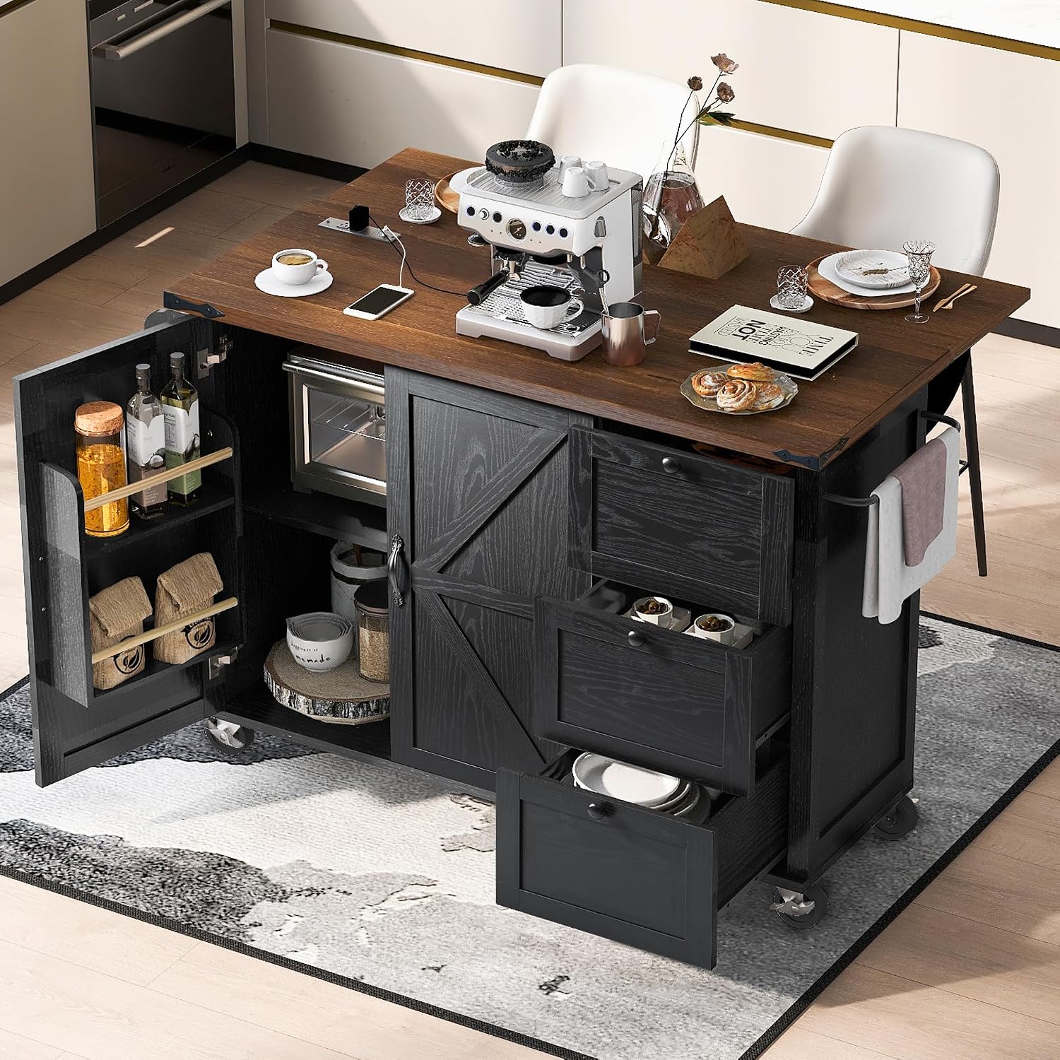 54.5' Farmhouse Mobile Kitchen Island with Power Outlet, Drop Leaf, Spice Rack and Drawer - Rolling Kitchen Cart with Ample Storage, Rustic Storage Islands for Home and Dining Room