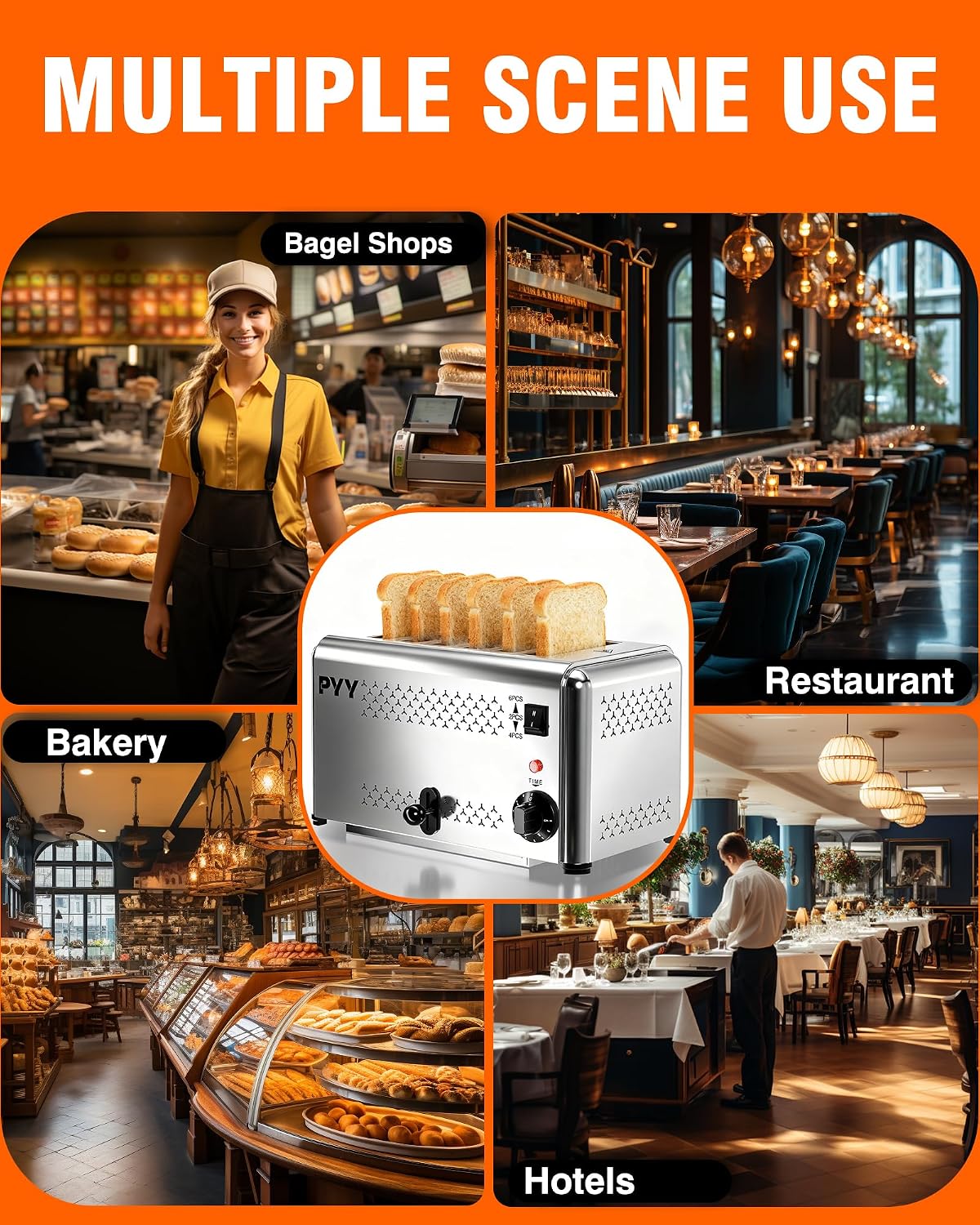 PYY Professional Commercial 6 Slice Toaster - 1800W Stainless Steel Heavy Duty Toaster, 6 Browning Levels, 1.1' Wide Slots, Removable Crumb Tray for Bagels Bread Waffles (Commercial & Home Use)