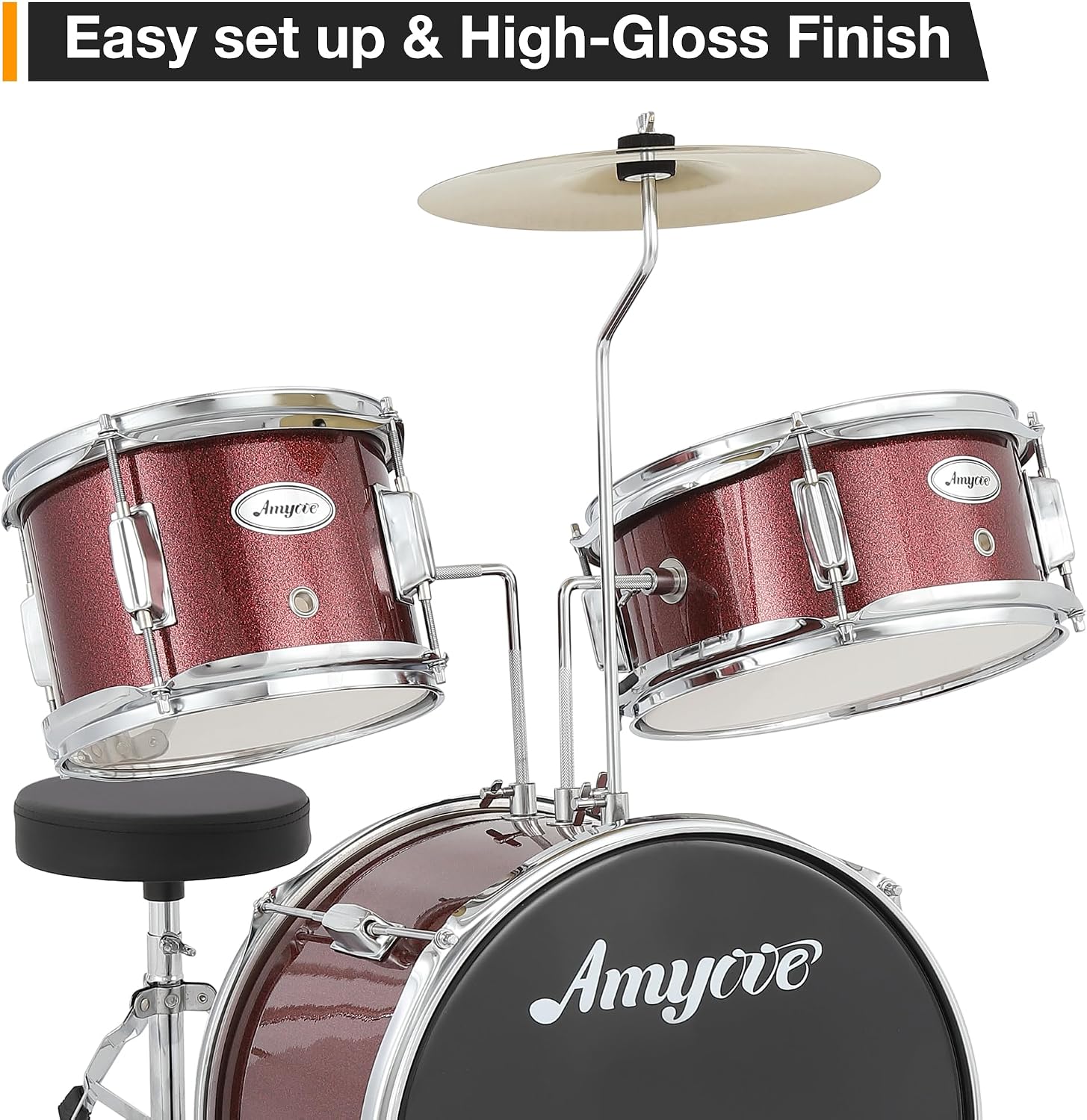 GarveeLife Drum Set, 3 Piece Drum Set with with Cymbal, Tom, Bass Drum, Drumsticks, Bass Pedal and Drum Stool, Beginner Musical Instruments,Red