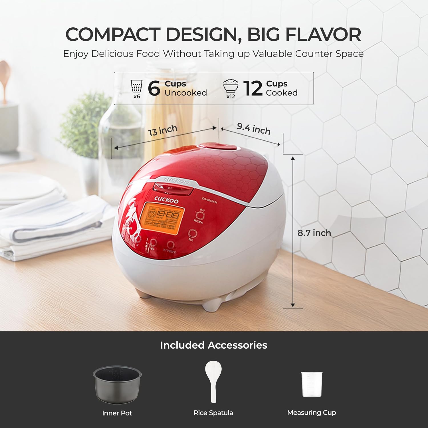 CUCKOO Micom Rice Cooker 6 Cup Uncooked / 12 Cup Cooked, Fuzzy Logic Rice Maker with Delay Timer & Keep Warm Setting, Versatile Food Steamer for Cooking, Non-Stick Inner Pot, Red (CR-0655F)