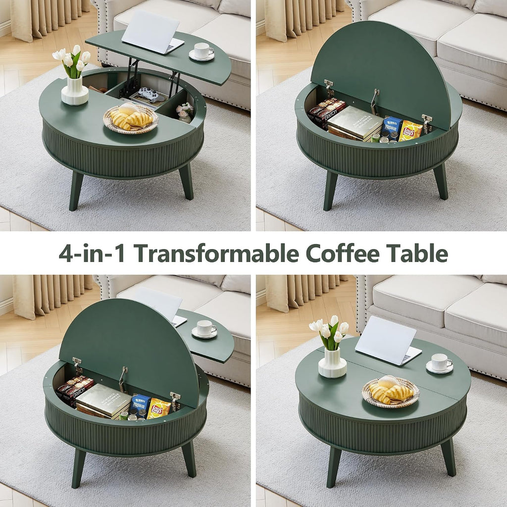 Round Lift Top Coffee Table with Storage, 35.4'' Fluted Wood Center Table Mid Century Modern Coffee Table with Lifting Top for Living Room, Office, Small Space Green