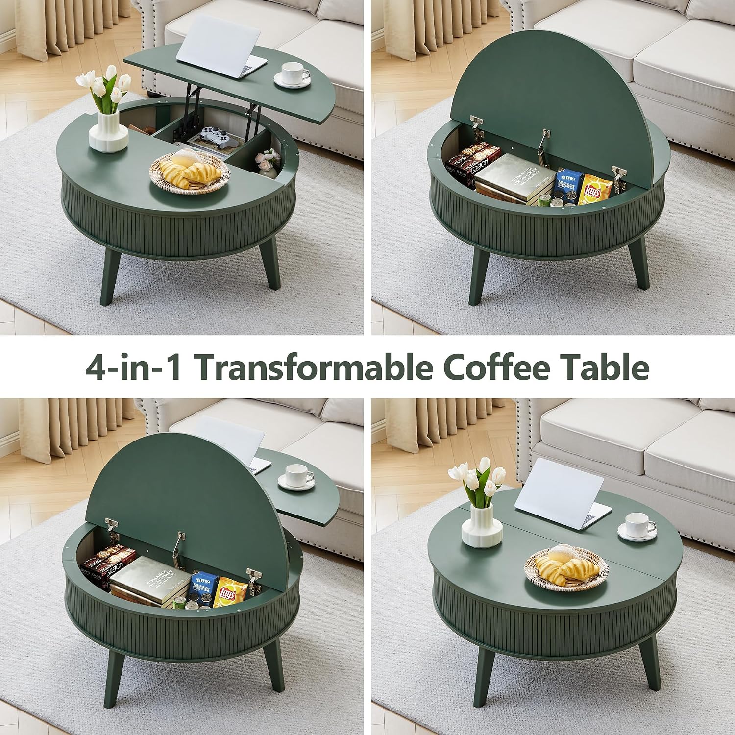Round Lift Top Coffee Table with Storage, 35.4'' Fluted Wood Center Table Mid Century Modern Coffee Table with Lifting Top for Living Room, Office, Small Space Green
