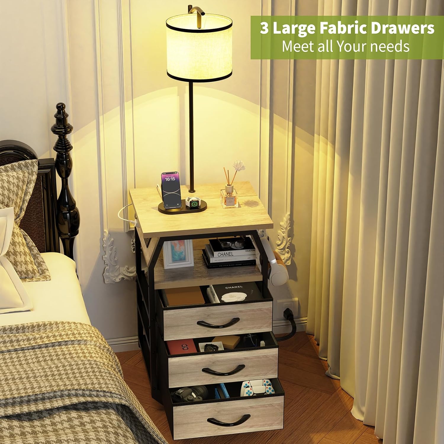 runjuly Floor Lamp with Table Set of 2, End Tables with Lamps Attached 3-Color Temperature Bulb, Side Table with Lamp with 3 Drawers & Charging, Lamps Tables Combo for Bedroom, Dorm Apartment - Greige