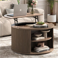 Round Lift Top Coffee Table, 31.5' Mid Century Modern Center Table with Hidden Storage, Fluted Circle Coffee Tables for Living Room, Home Office, Walnut