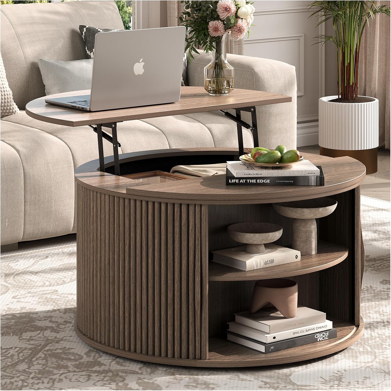 Round Lift Top Coffee Table, 31.5' Mid Century Modern Center Table with Hidden Storage, Fluted Circle Coffee Tables for Living Room, Home Office, Walnut