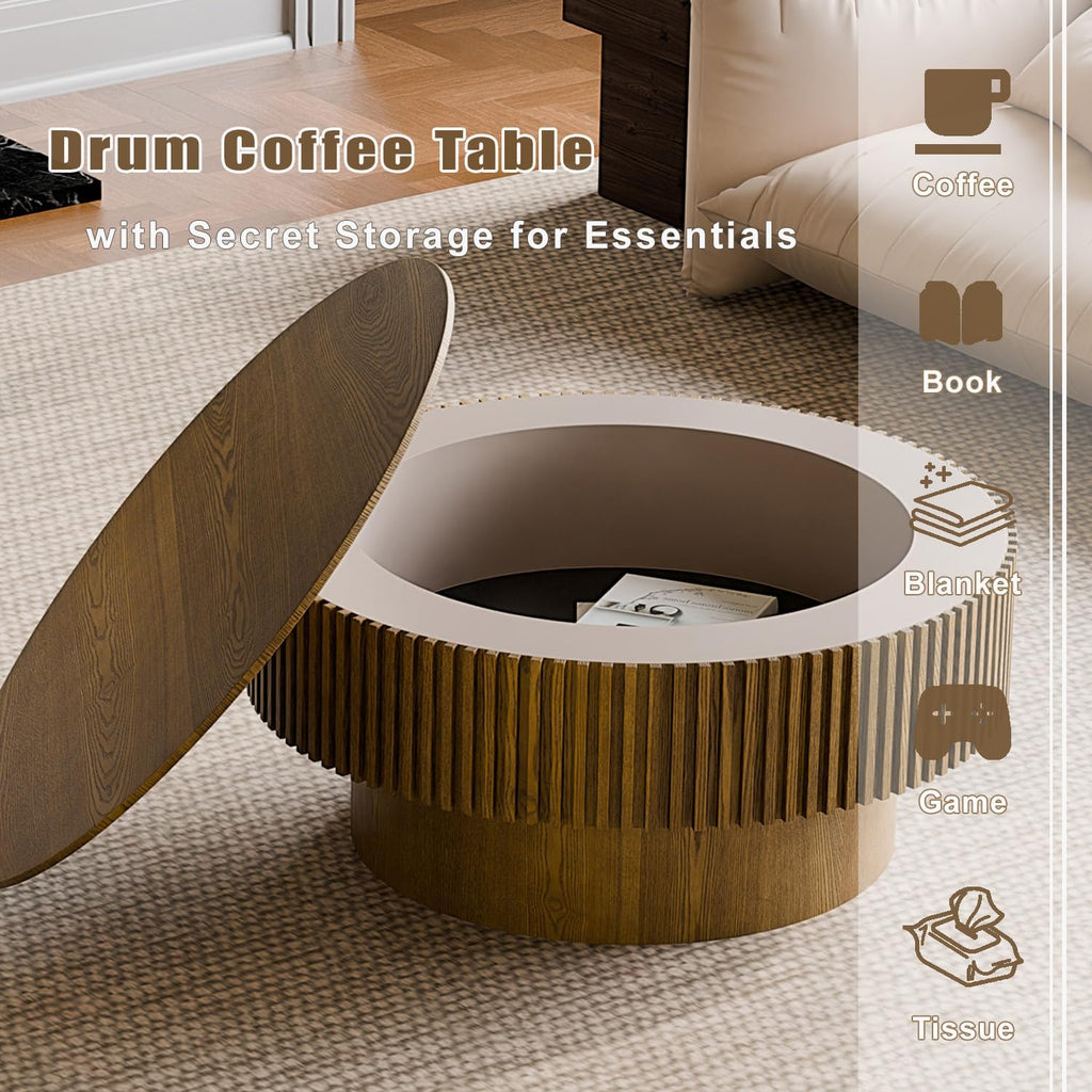 Round Coffee Table with Storage, Modern Wooden Coffee Table with Solid Wood Veneered, Circle Center Table Accent Tea Table for Living Room Apartment Small Space (31.5''L × 31.5''W × 14''H, Brown)
