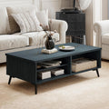 Giantex Mid Century Modern Coffee Table, 2-Tier Wood Rectangular Center Table with Open Storage Shelves, Compartments & Metal Legs, Vintage Living Room Tables for Reception (Charcoal Blue)
