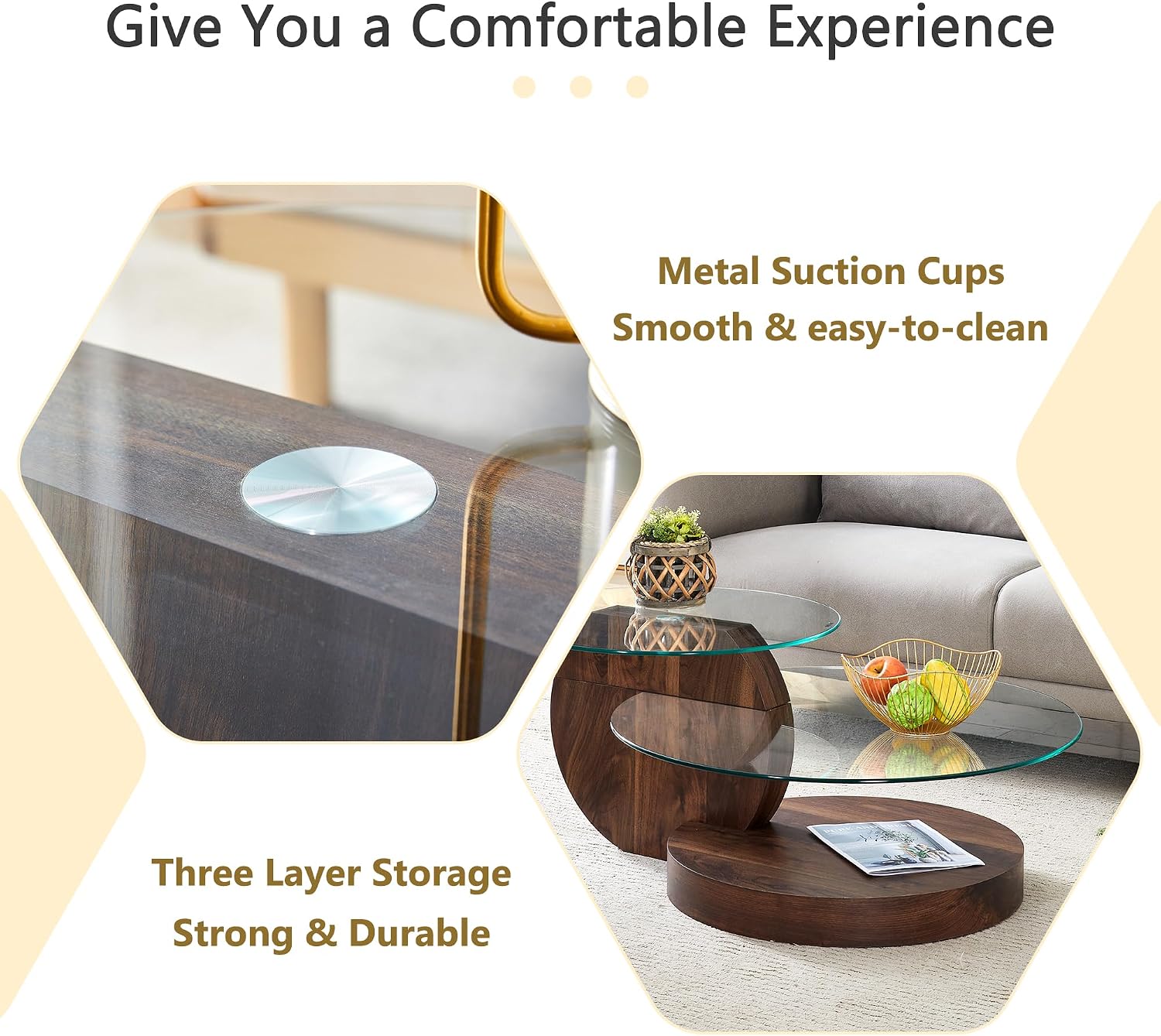 Round Glass Coffee Table, Modern Tempered Glass Coffee Tables for Living Room, 3-Tier Circle Walnut Coffee Table with Storage Clear Cocktail Table for Small Space Home Office