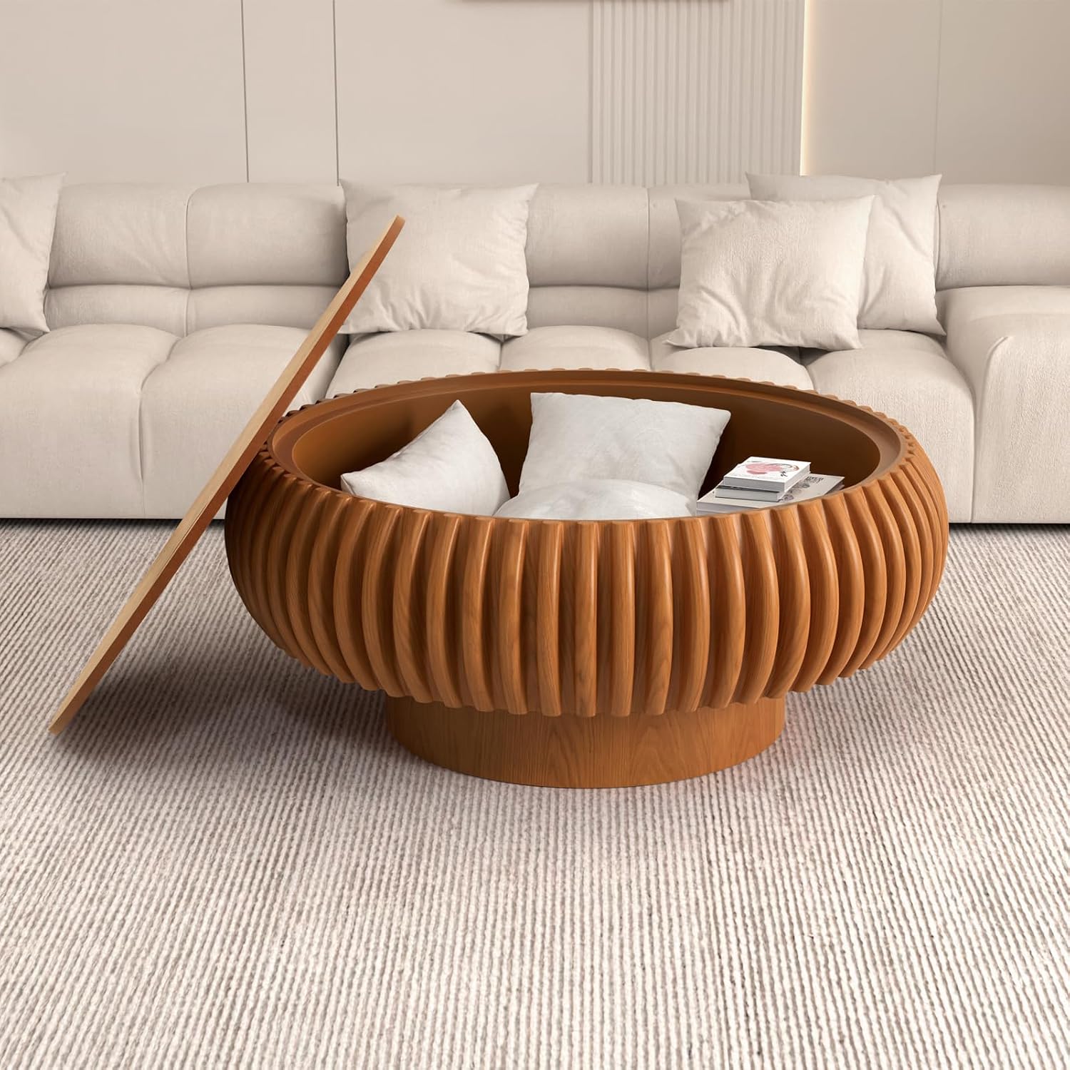 Fluted Round Coffee Table with Storage, 31.5' Modern Drum Wood Coffee Tables with Sturdy Base, Unique Circle Center Tea Table for Living Room Apartment Small Spaces (31.49' Brown with Storage)