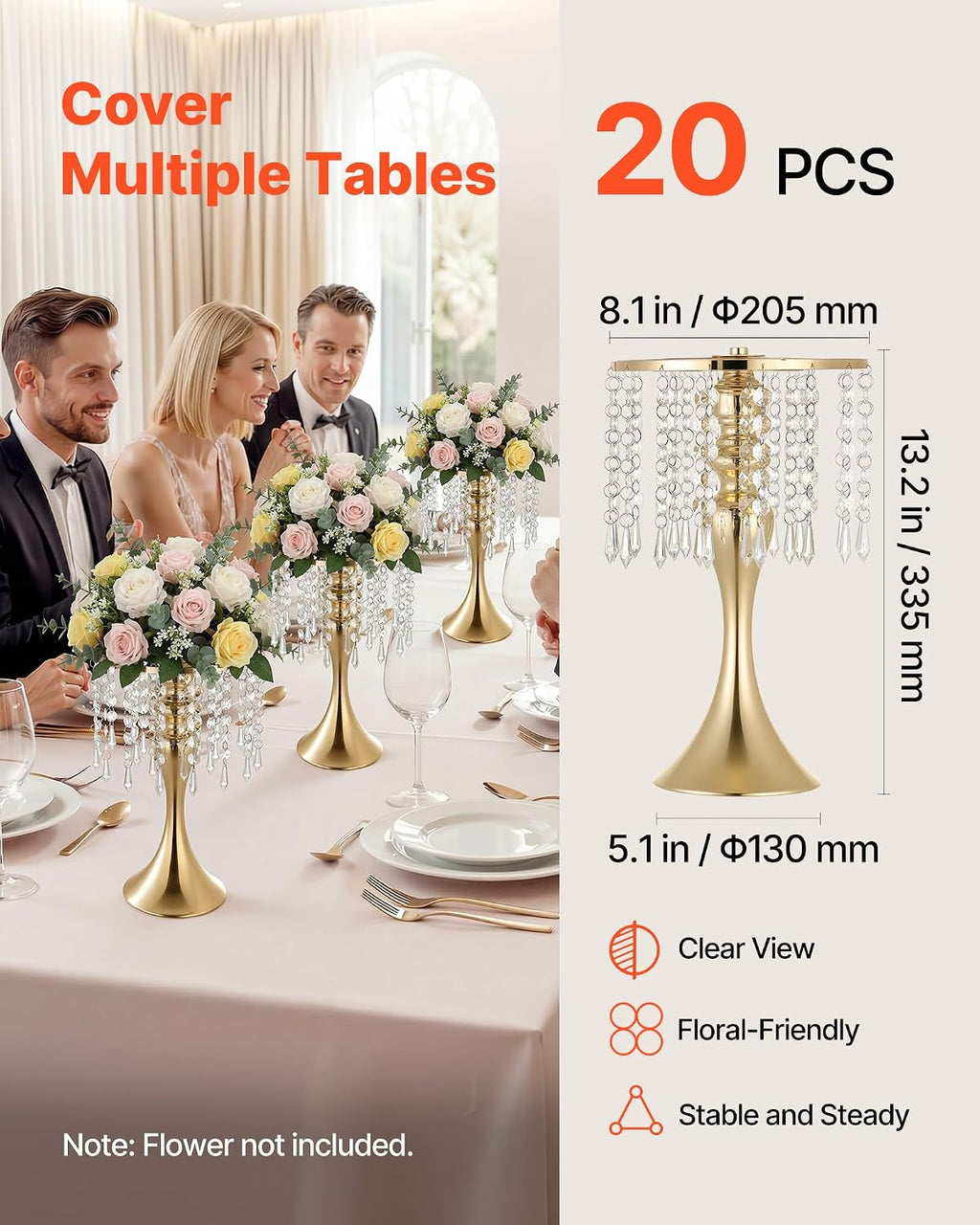 VEVOR 20 PCS Wedding Flower Vase, 13.4 in Tall Flower Table Centerpieces, Crystal Banquet Vases Easy Installation, Electroplated Finish, Versatile Arrangement Stand for Party Events Home Decor, Gold