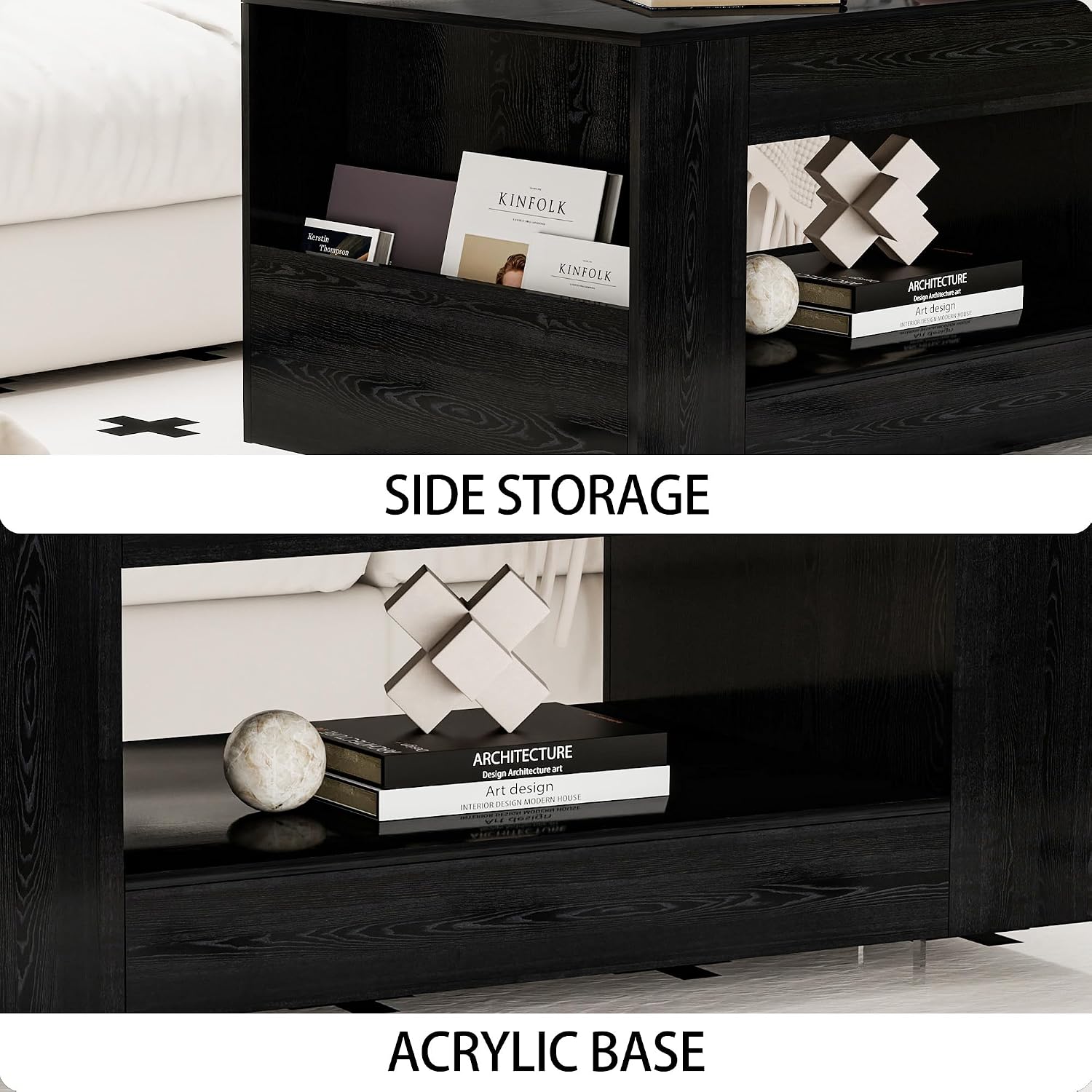Wood Grain Coffee Table with Open Shelf Storage - High Gloss Modern Cocktail Table for Living Room, Bedroom, Office