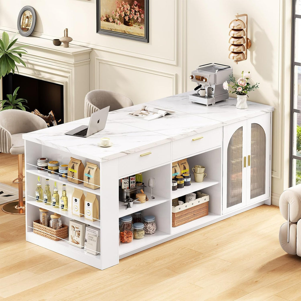 IBF 71' Large Kitchen Island with Storage, White Faux Marble Island table with Seating for 4-6, Stationary Island Cabinet with Drawers & Fridge Space, Modern Wood Counter Height Island Bar, Only Table