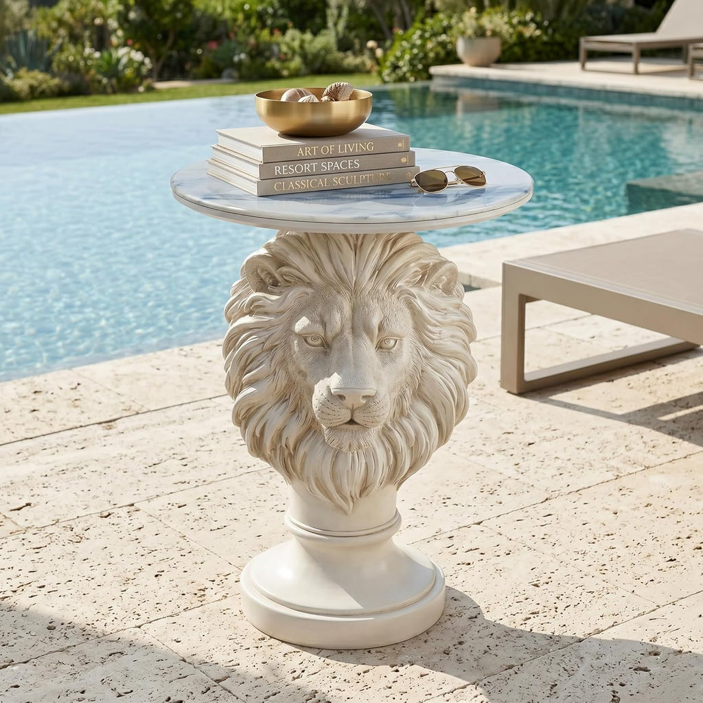 White Lion Head Sculptural Side Table with Faux Marble Top, 19.68' Round Resin Animal End Table, 25.59' H Majestic Accent Table for Living Room & Entryway, Regal Housewarming Gift