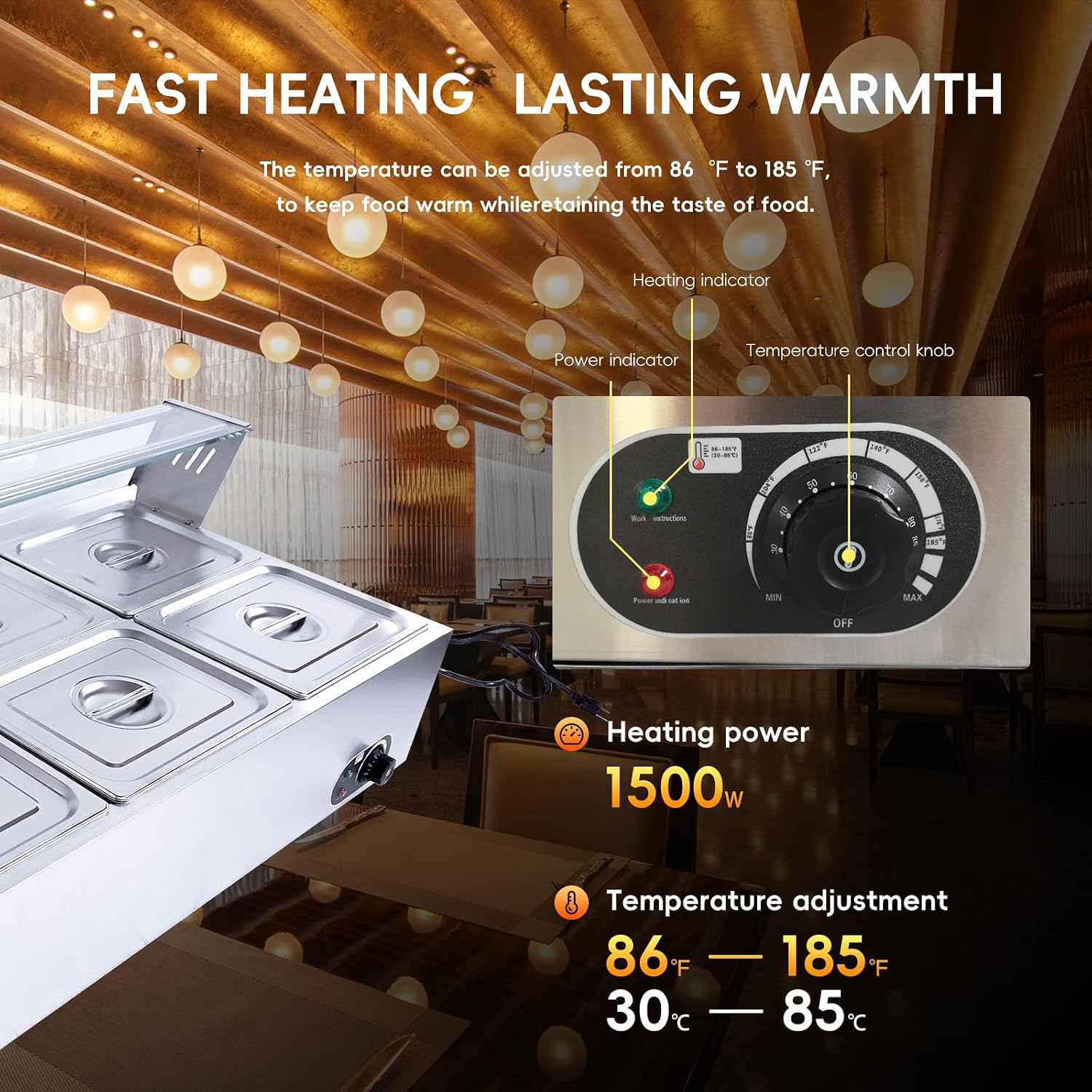 6-Pan Commercial Food Warmer, 72 Qt Electric Steam Table, Stainless Steel Bain Marie with Tempered Glass Cover, 1500W Countertop Food Warmer 86-185°F Temp Control for Catering, Restaurant, Silver