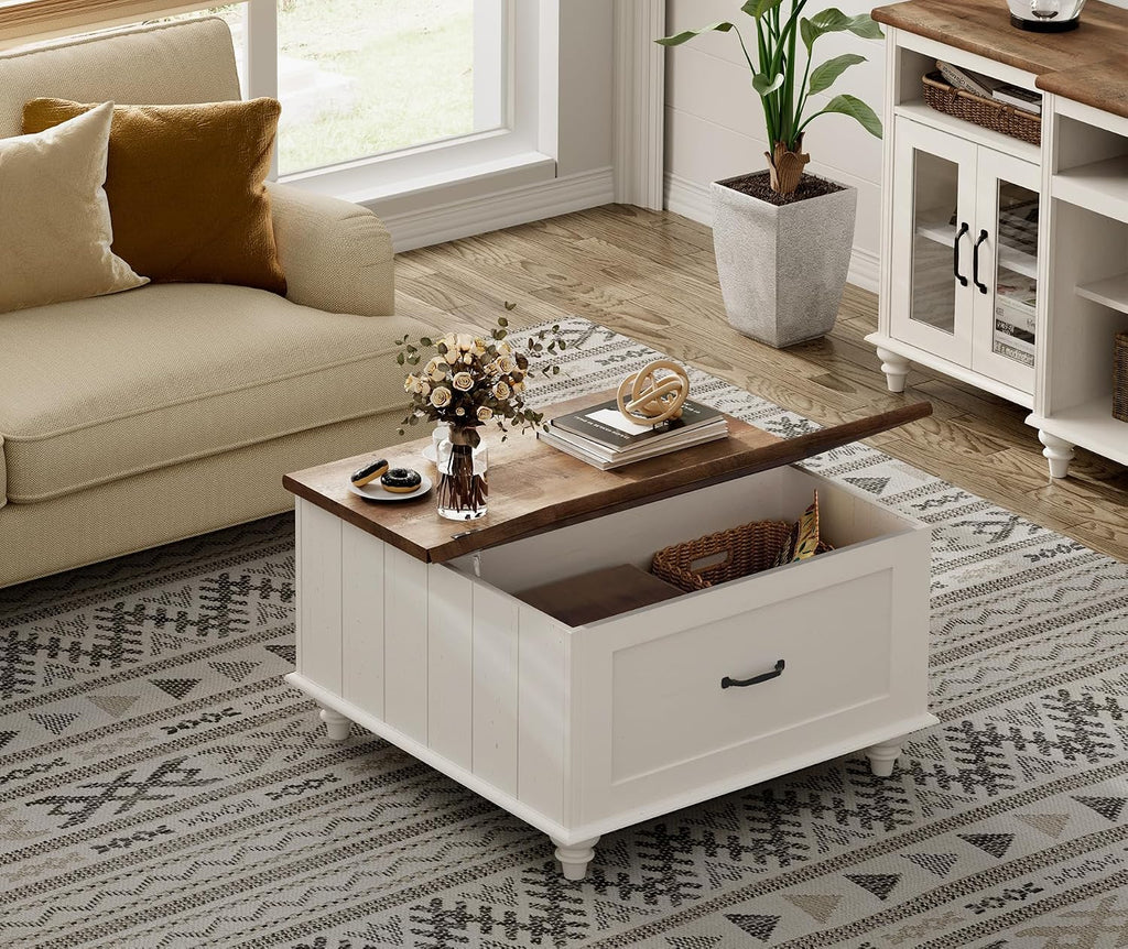 WAMPAT White Coffee Table with Lift Top & Drawer, Square Center Table with Hidden Storage Compartment, Farmhouse Wood Coffee Table for Living Room, 30 Inch