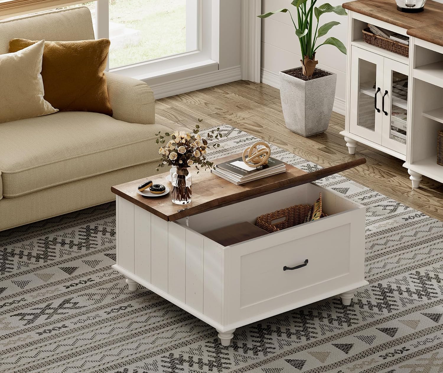 WAMPAT White Coffee Table with Lift Top & Drawer, Square Center Table with Hidden Storage Compartment, Farmhouse Wood Coffee Table for Living Room, 30 Inch