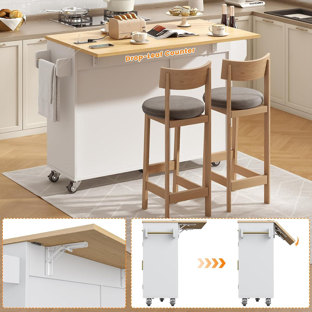 VVFLU 51.8' Kitchen Island Cart with Trash Can Storage, Kitchen Island on Wheels with Power Outlet & Drop Leaf, Rolling Kitchen Cart with Towel Rack & Spice Rack, Mobile Islands Table for Kitchen