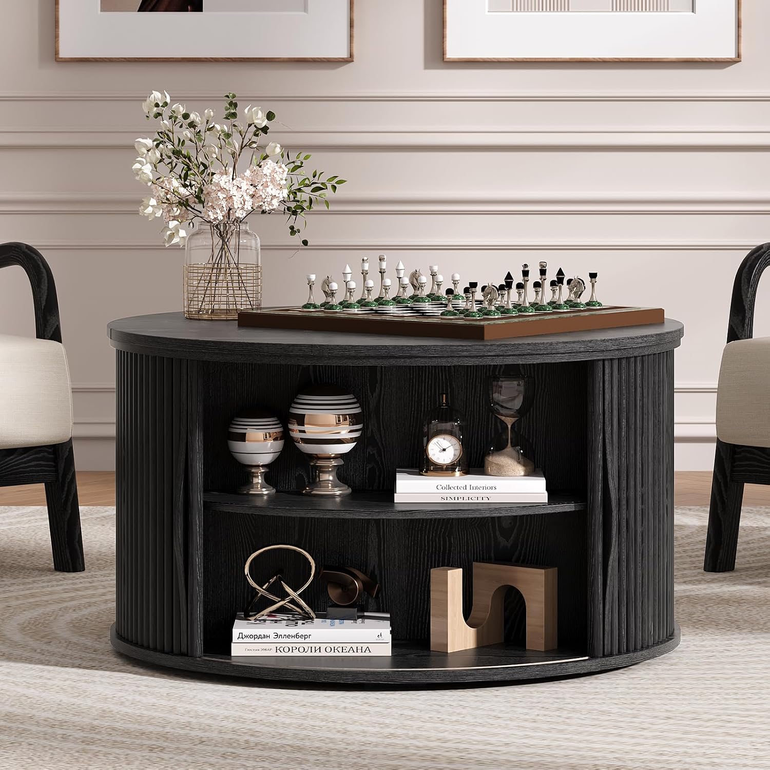 Round Lift Top Coffee Table, 31.5' Mid Century Modern Center Table with Hidden Storage, Fluted Circle Coffee Tables for Living Room, Home Office, Black