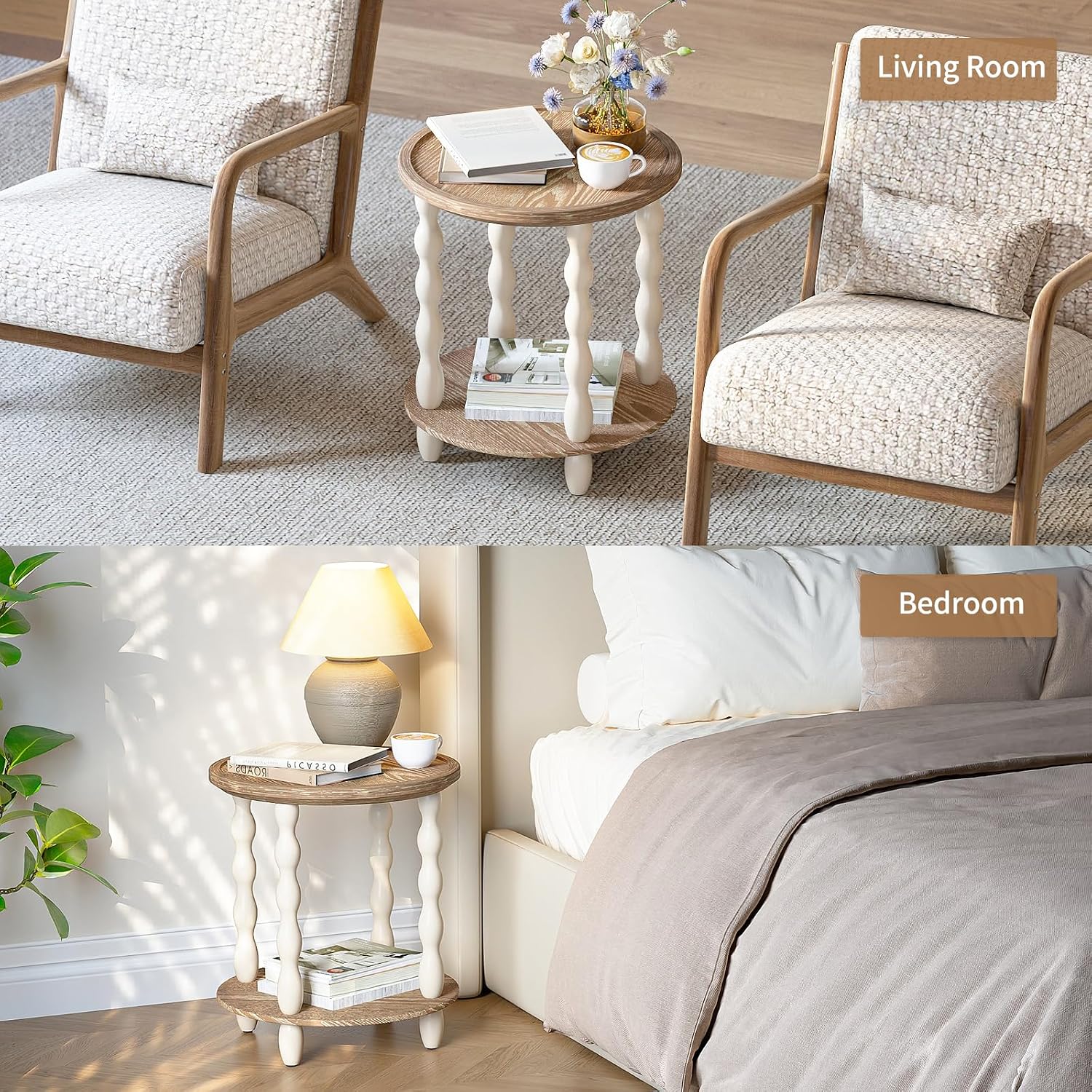 Round End Table, 2-Tier Farmhouse End Table, 18.5'' Handcrafted Weathered Look Wooden Nightstand, Pine Leg, Small Side Tables for Living Room, Small Space, Bedroom, Boho, Easy Assembly, Cream Beige