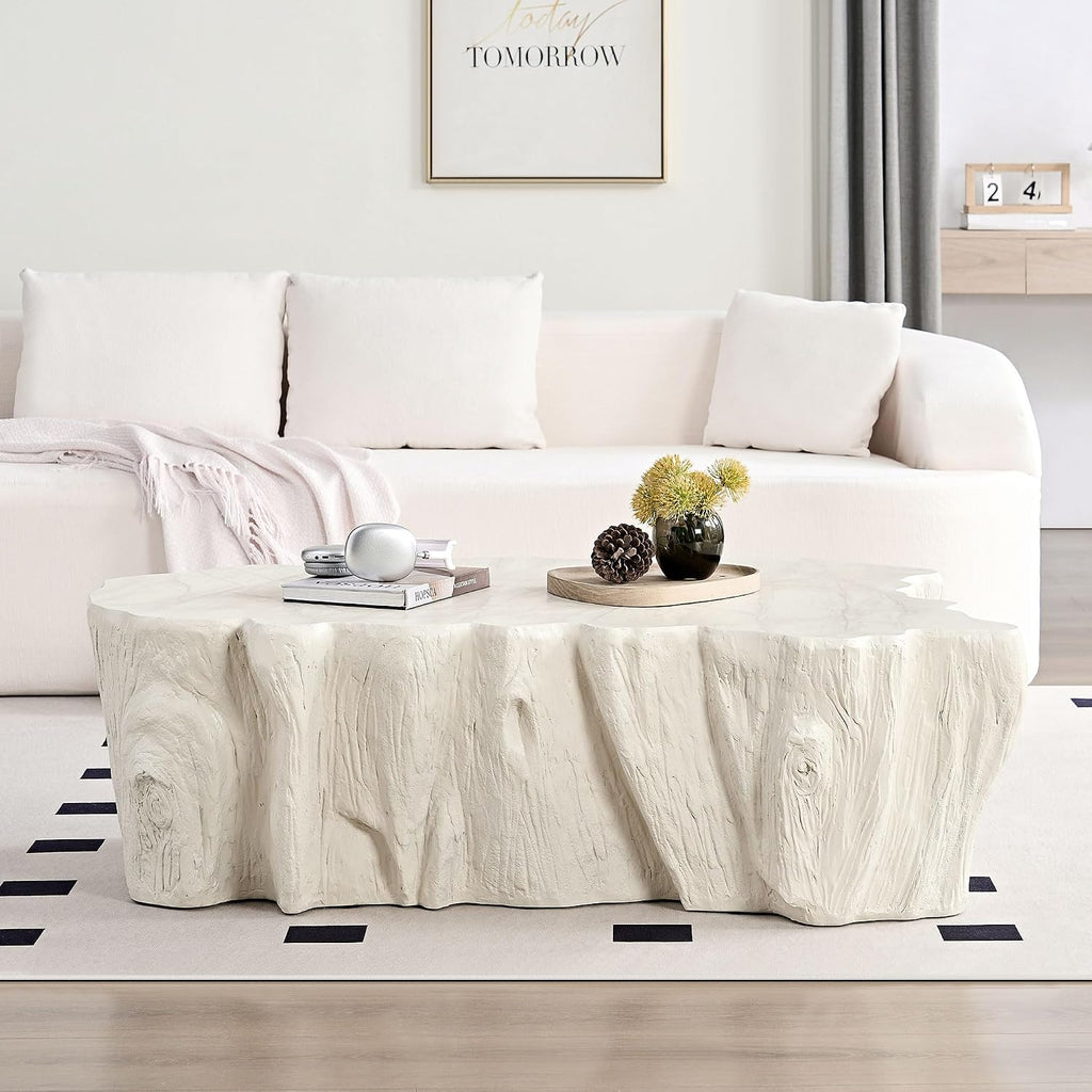 48.62' Coffee Table Modern Unique Shape Fiberglass Center Table for Living Room Apartment Office, No Need Assembly, Beige Tree Root Texture Pattern
