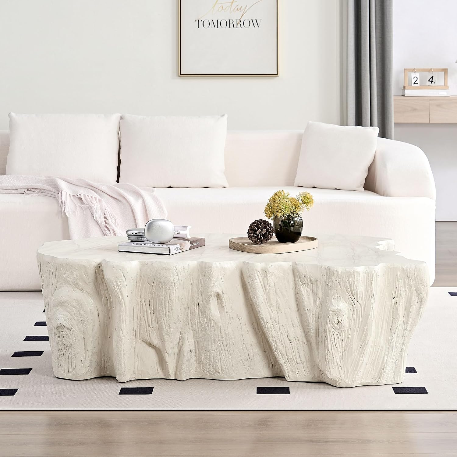 48.62' Coffee Table Modern Unique Shape Fiberglass Center Table for Living Room Apartment Office, No Need Assembly, Beige Tree Root Texture Pattern