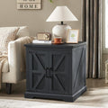 Barnyatoh Farmhouse End Table with Charging Station,24' Large Sofa Side Table with Barn Door, Rustic Wood Square Nightstand Bedside Table with Adjustable Storage Shelf for Living Room, Bedroom,Black