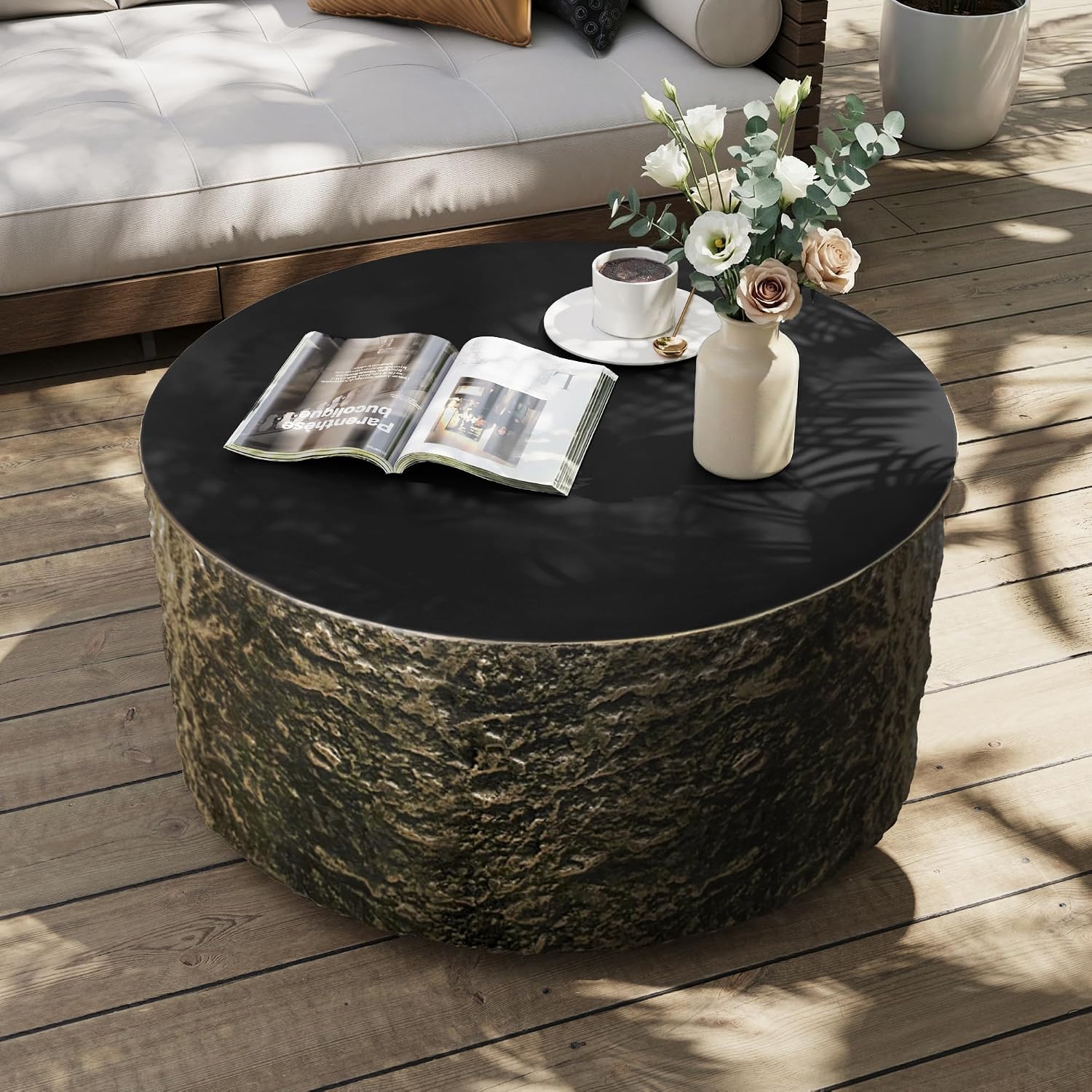 UPHA 28' Round Outdoor Coffee Table, Modern Hollow Concrete Patio Table, Small Minimalist Low Accent Table for Living Room, Balcony, Deck, Backyard, Bronze