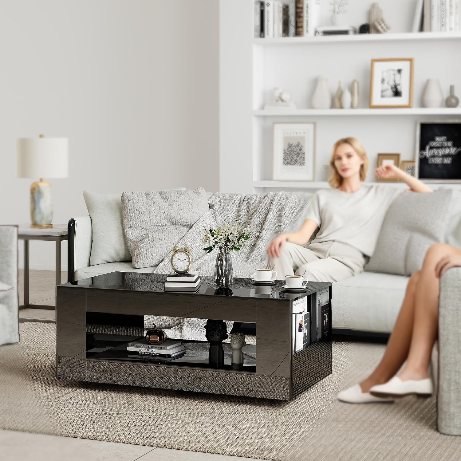 Glossy Coffee Table with Open Shelf Storage - High Gloss Modern Cocktail Table for Living Room, Bedroom, Office