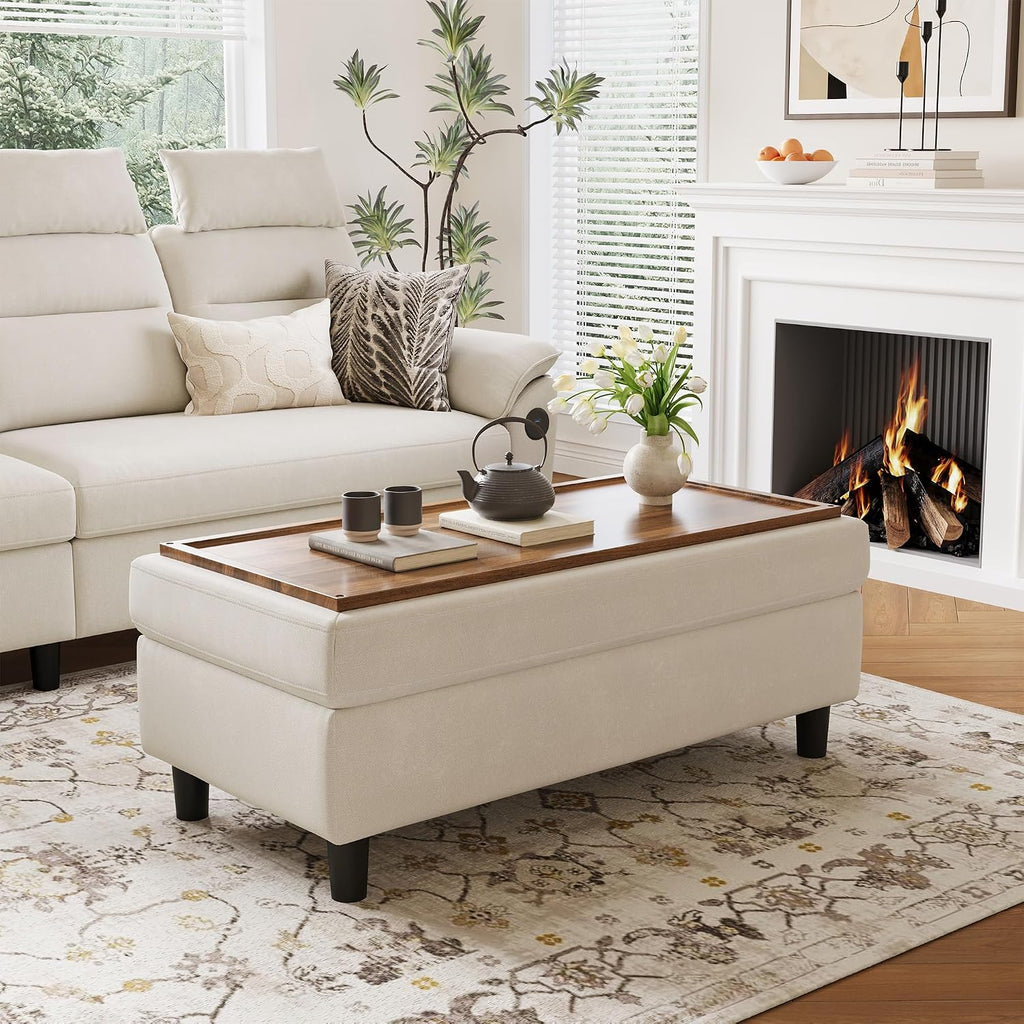 LINSY HOME 46 Inches Wide Storage Ottoman Bench, Linen Coffee Table Folding Long Shoes Bench Footstool, Storage Chest, Foot Rest Stool, for The Living Room, Entryway and Family Room, Beige