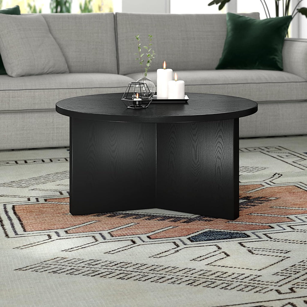 Henn&Hart 32' Round Wood Pedestal Coffee Table for Living Room, Family Room, Office, or Apartment, Natural Black