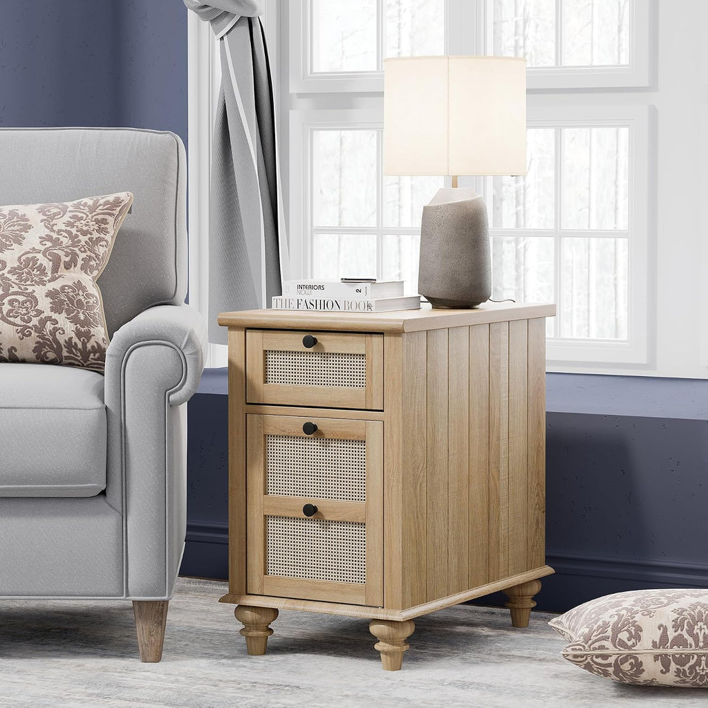 WAMPAT Farmhouse End Table with Charging Station, Wood Side Table with Power Outlets & USB Ports, Rattan Nightstand with Drawer for Living Room, Bedroom, Oak
