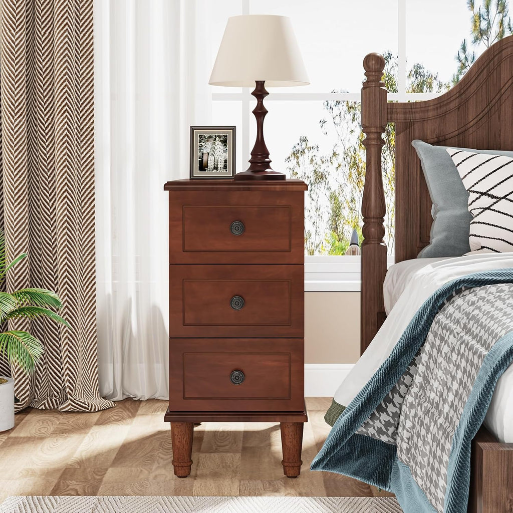 LITTLE TREE Fully Assembled End Table, Set of 2 Narrow Side Table with 3 Drawers, Pre-Assembled Nightstand Slim Bedside Table for Small Spaces, Living Room, Bedroom, Brown