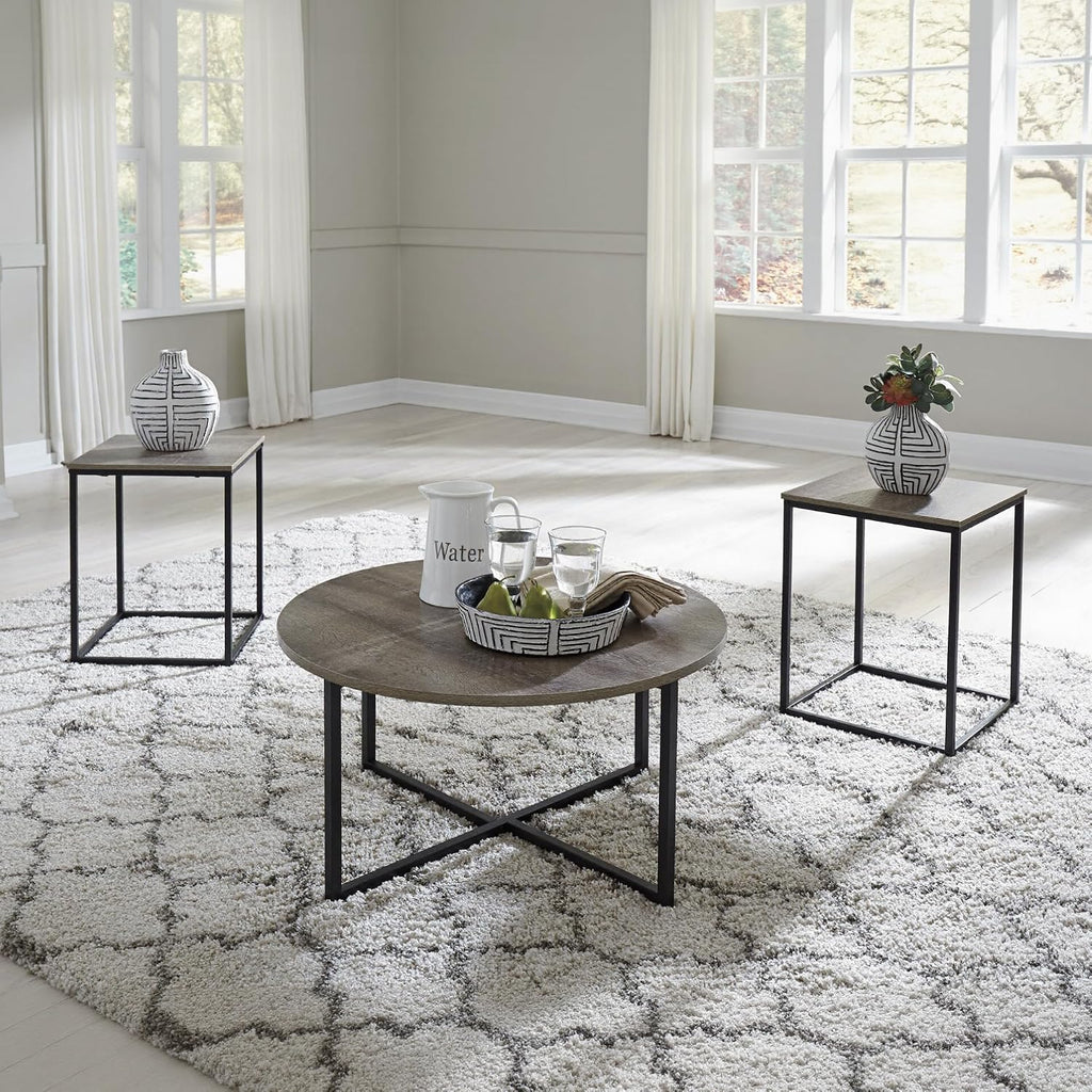 Signature Design by Ashley Wadeworth Urban Wood Grain 3-Piece Table Set, Includes 1 Coffee Table and 2 End Tables, Brown & Black