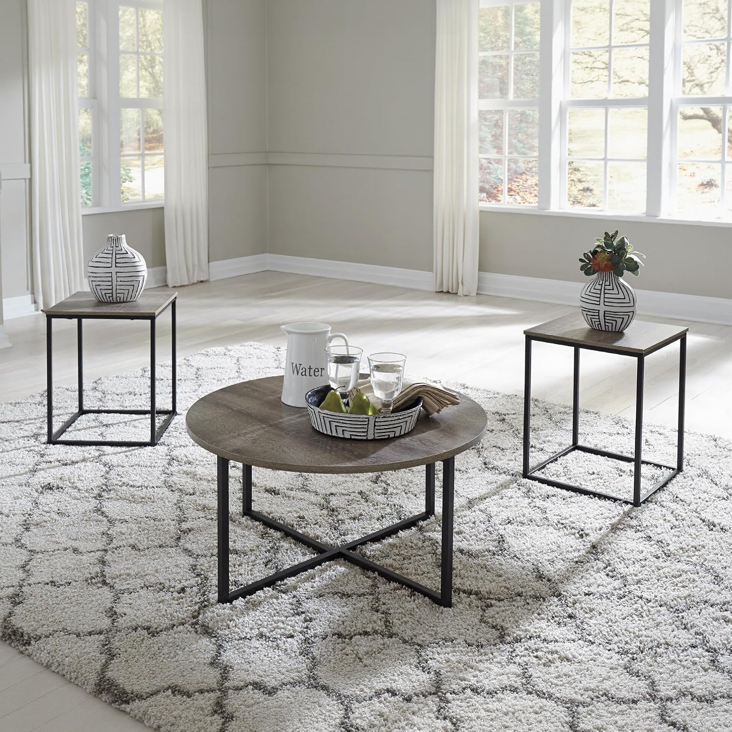 Signature Design by Ashley Wadeworth Urban Wood Grain 3-Piece Table Set, Includes 1 Coffee Table and 2 End Tables, Brown & Black