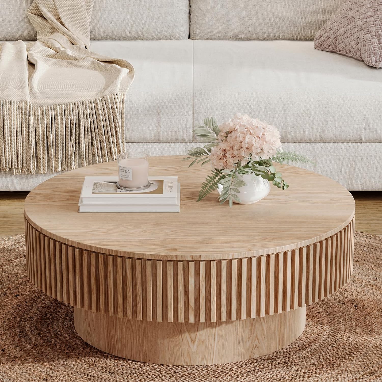 31.5''Round Coffee Table with Storage, Modern Luxury Circle Drum Center Tables with Solid Wood Veneered, Accent Side Coffee Table for Living Room, Bedroom, Apartment-Natural