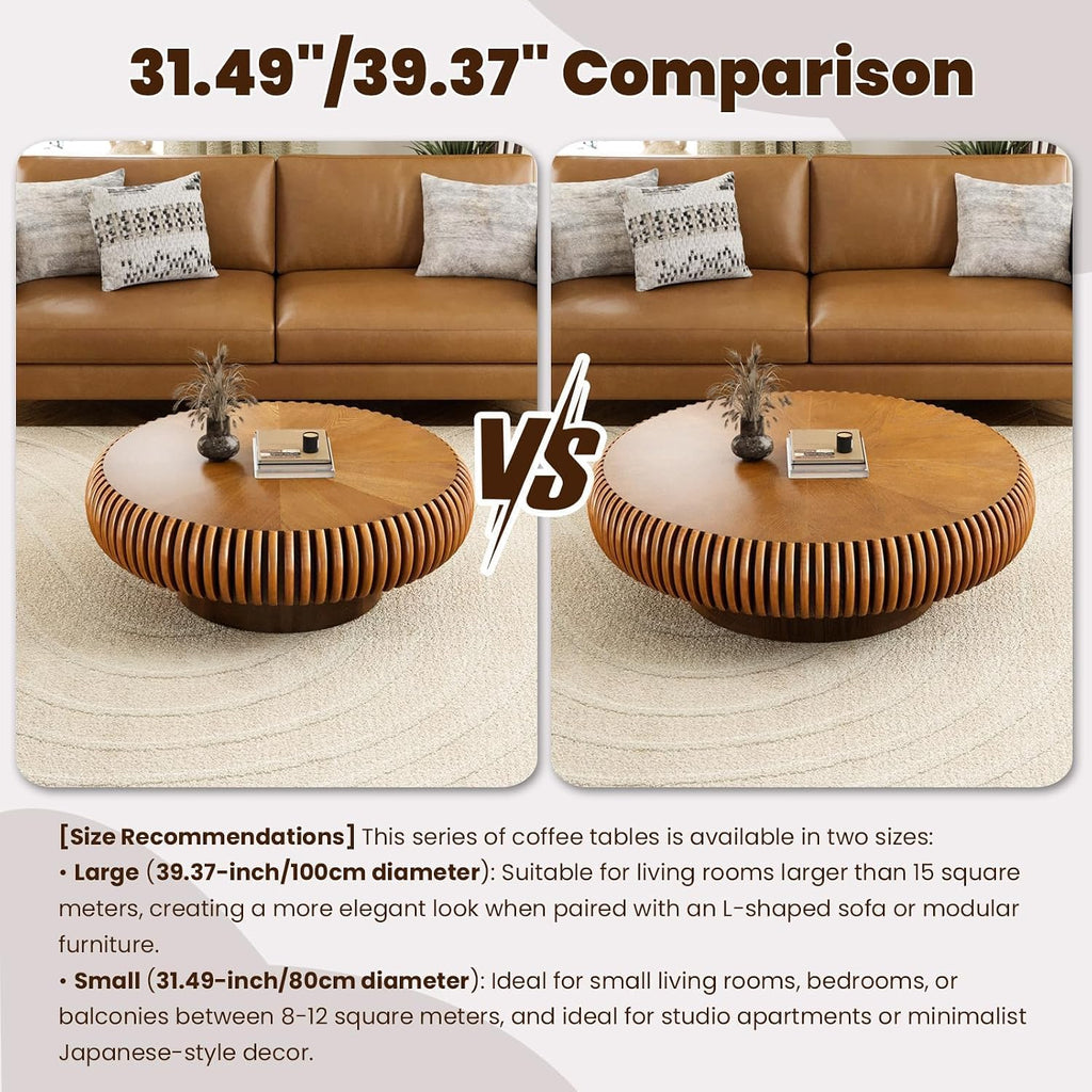 Round Drum Coffee Table for Living Room, Mid Century Modern Coffee Table with Sturdy Pedestal, Farmhouse Fluted Circle Center Table Accent Tea Table for Apartment (Large Brown)